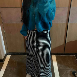 Center Slit Striped Flare Maxi Skirt