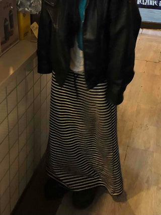 Center Slit Striped Flare Maxi Skirt