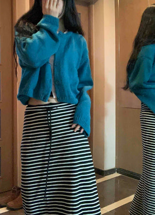 Center Slit Striped Flare Maxi Skirt