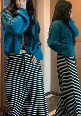 Center Slit Striped Flare Maxi Skirt