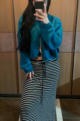 Center Slit Striped Flare Maxi Skirt
