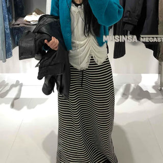 Center Slit Striped Flare Maxi Skirt