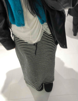 Center Slit Striped Flare Maxi Skirt