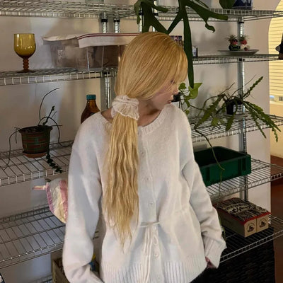 Suede Ribbon Tie-back Fuzzy Knit Zip-up Cardigan