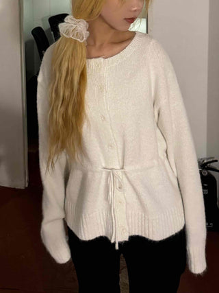 Suede Ribbon Tie-back Fuzzy Knit Zip-up Cardigan