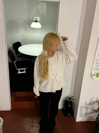 Suede Ribbon Tie-back Fuzzy Knit Zip-up Cardigan