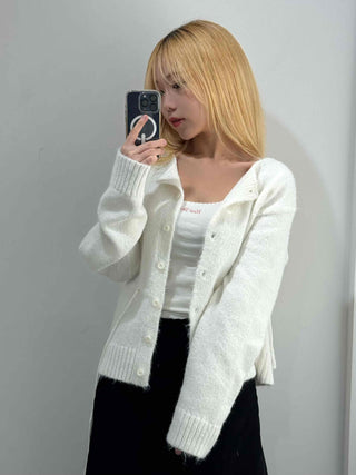 Suede Ribbon Tie-back Fuzzy Knit Zip-up Cardigan