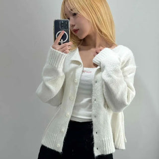 Suede Ribbon Tie-back Fuzzy Knit Zip-up Cardigan