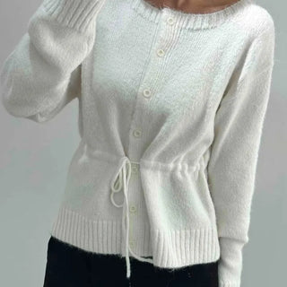 Suede Ribbon Tie-back Fuzzy Knit Zip-up Cardigan
