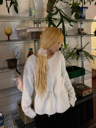 Suede Ribbon Tie-back Fuzzy Knit Zip-up Cardigan