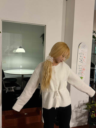Suede Ribbon Tie-back Fuzzy Knit Zip-up Cardigan