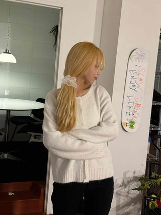 Suede Ribbon Tie-back Fuzzy Knit Zip-up Cardigan