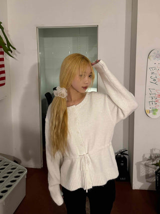 Suede Ribbon Tie-back Fuzzy Knit Zip-up Cardigan