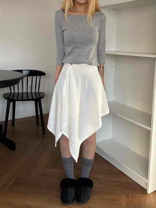 Asymmetrical Hem High-Waisted Flare Midi Skirt