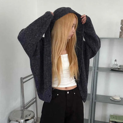 Fleece Texture Zip-Up Oversized Hooded Cardigan