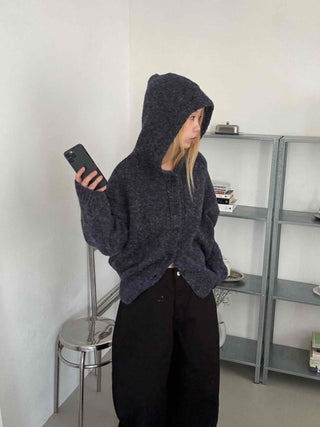 Fleece Texture Zip-Up Oversized Hooded Cardigan