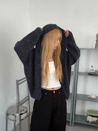 Fleece Texture Zip-Up Oversized Hooded Cardigan