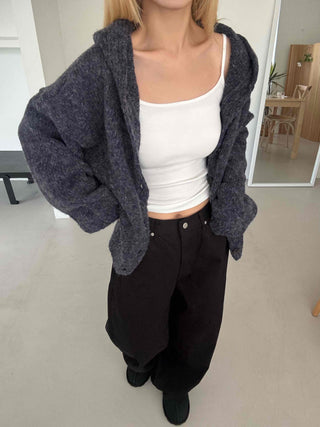 Fleece Texture Zip-Up Oversized Hooded Cardigan