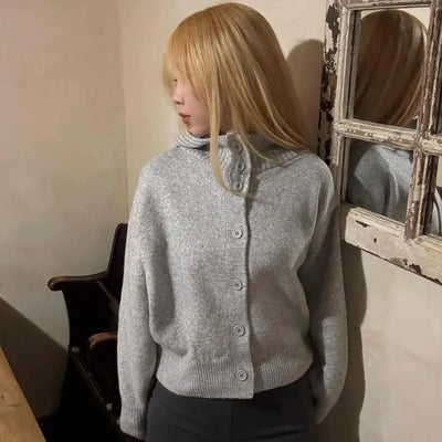 Peach High-Neck Button Slim-Fit Crop Knit Cardigan