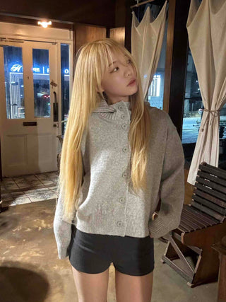 Peach High-Neck Button Slim-Fit Crop Knit Cardigan