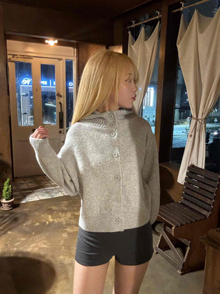 Peach High-Neck Button Slim-Fit Crop Knit Cardigan