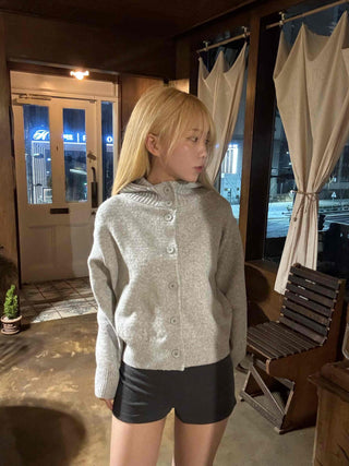 Peach High-Neck Button Slim-Fit Crop Knit Cardigan
