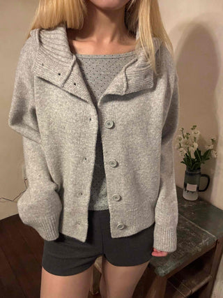 Peach High-Neck Button Slim-Fit Crop Knit Cardigan