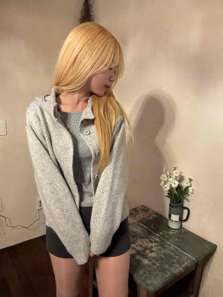 Peach High-Neck Button Slim-Fit Crop Knit Cardigan