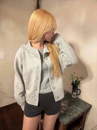 Peach High-Neck Button Slim-Fit Crop Knit Cardigan