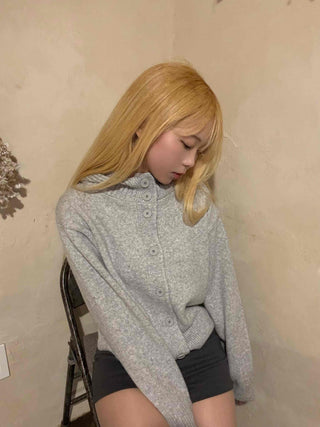 Peach High-Neck Button Slim-Fit Crop Knit Cardigan