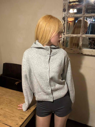 Peach High-Neck Button Slim-Fit Crop Knit Cardigan