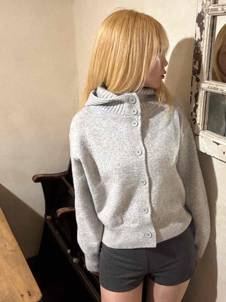 Peach High-Neck Button Slim-Fit Crop Knit Cardigan