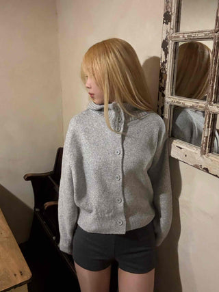 Peach High-Neck Button Slim-Fit Crop Knit Cardigan