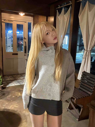 Peach High-Neck Button Slim-Fit Crop Knit Cardigan