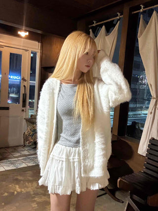 Fluffy Voluminous Fur Shawl Collar Crop Cardigan