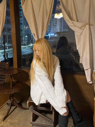 Fluffy Voluminous Fur Shawl Collar Crop Cardigan