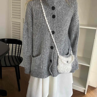 Stand Neck Washable Two-Pocket Balloon Cardigan
