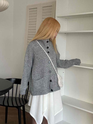 Stand Neck Washable Two-Pocket Balloon Cardigan