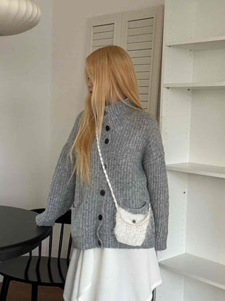 Stand Neck Washable Two-Pocket Balloon Cardigan