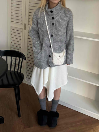 Stand Neck Washable Two-Pocket Balloon Cardigan