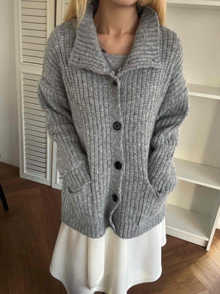 Stand Neck Washable Two-Pocket Balloon Cardigan