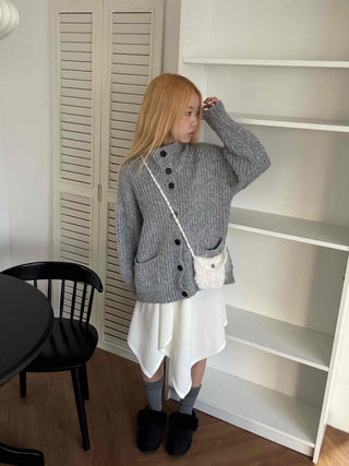 Stand Neck Washable Two-Pocket Balloon Cardigan