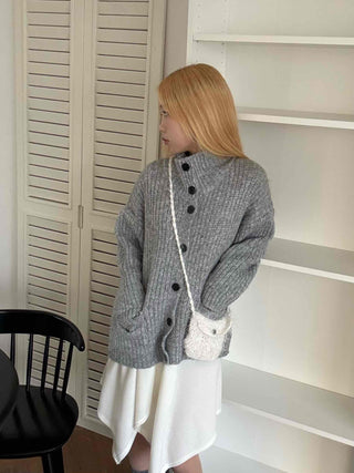 Stand Neck Washable Two-Pocket Balloon Cardigan