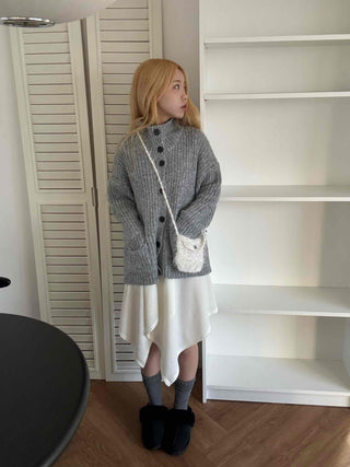 Stand Neck Washable Two-Pocket Balloon Cardigan
