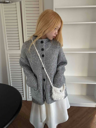 Stand Neck Washable Two-Pocket Balloon Cardigan