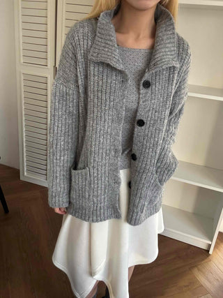 Stand Neck Washable Two-Pocket Balloon Cardigan