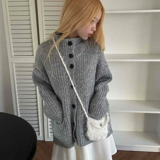 Stand Neck Washable Two-Pocket Balloon Cardigan