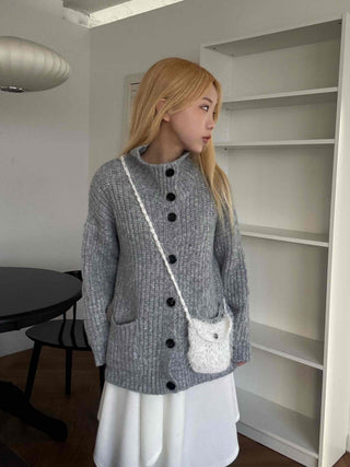 Stand Neck Washable Two-Pocket Balloon Cardigan