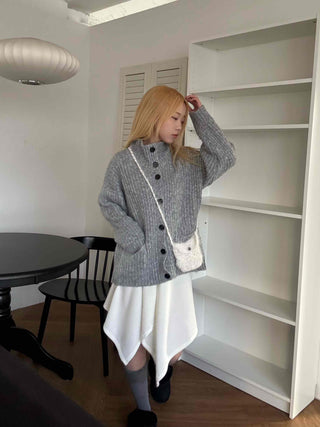 Stand Neck Washable Two-Pocket Balloon Cardigan