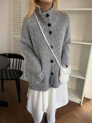 Stand Neck Washable Two-Pocket Balloon Cardigan